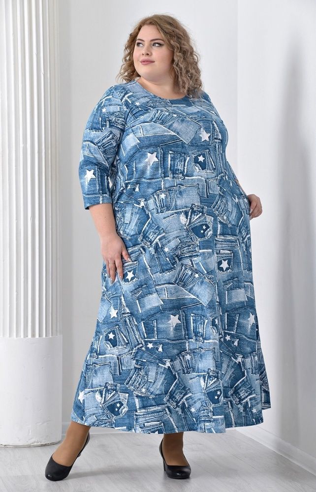 Платье синее из вискозы большого размера