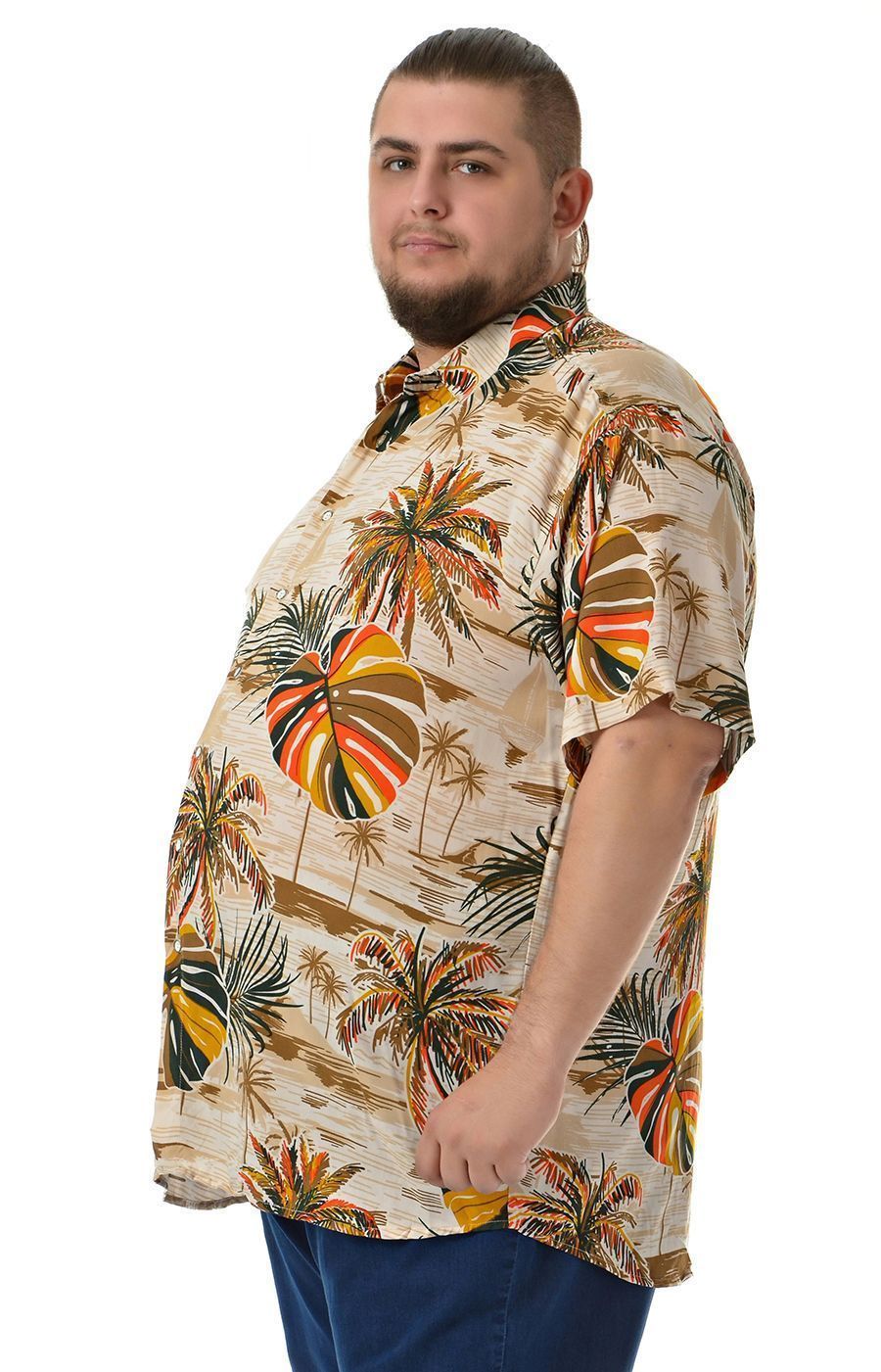 Рубашка гавайка светло-бежевая с листья большого размера