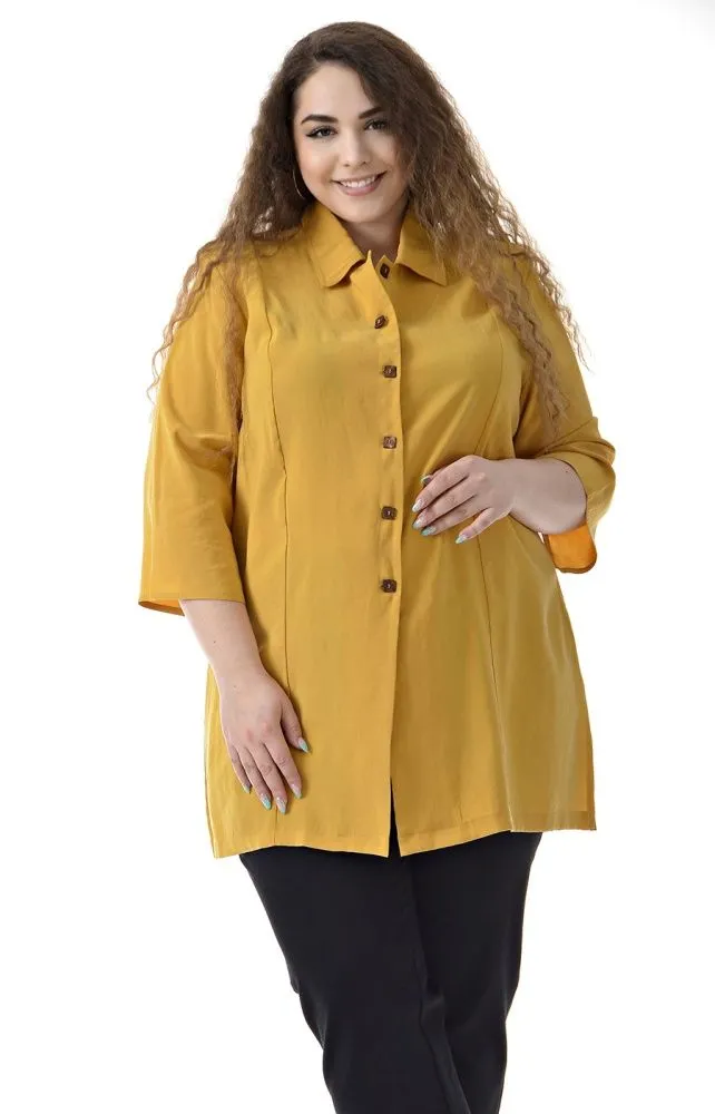Блуза на пуговицах  горчичная большого размера