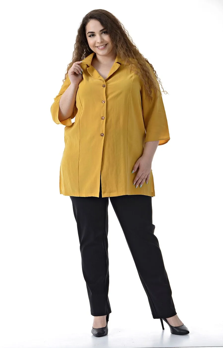 Блуза на пуговицах  горчичная большого размера