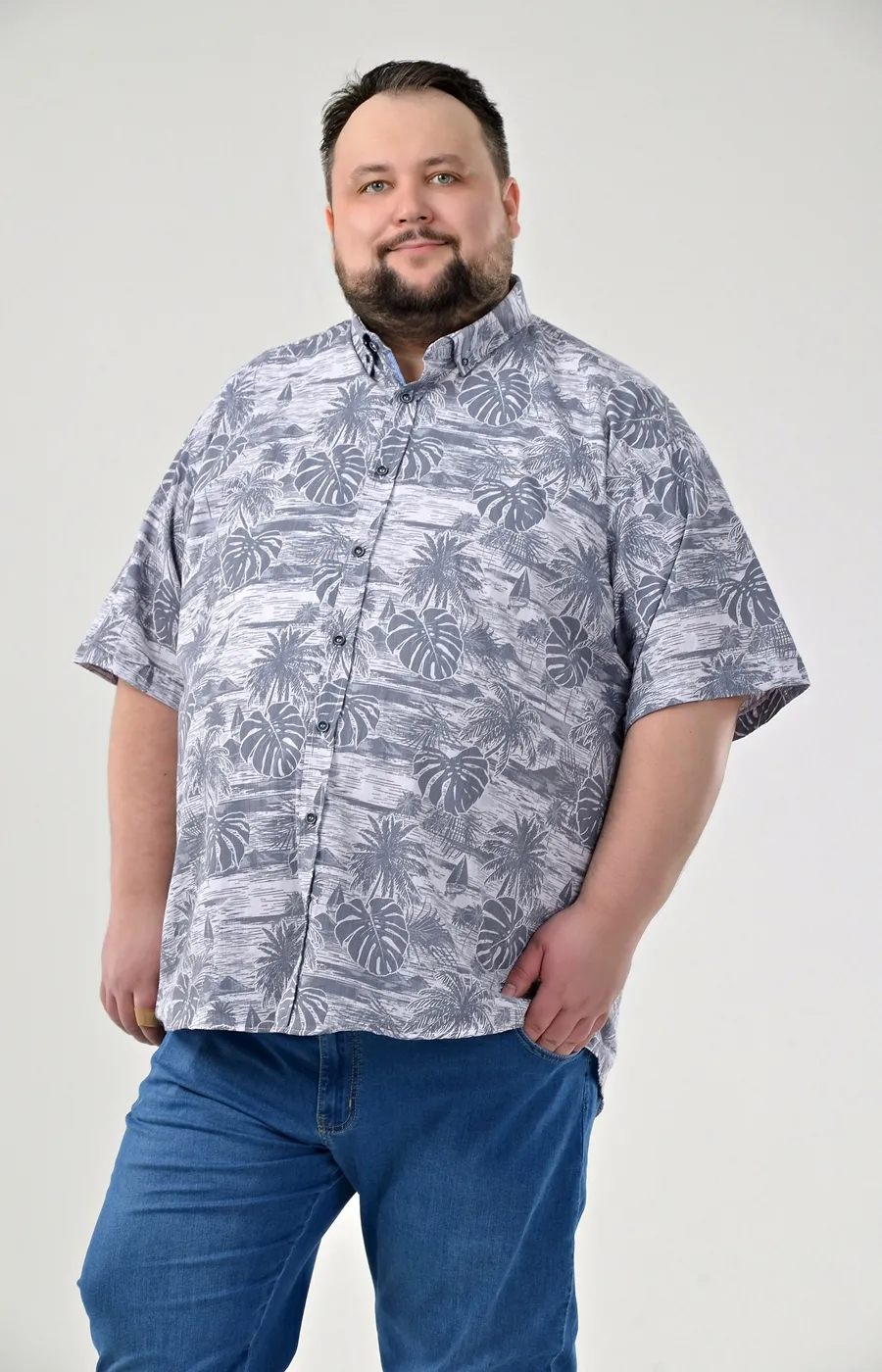 Рубашка серая с пальмами большого размера